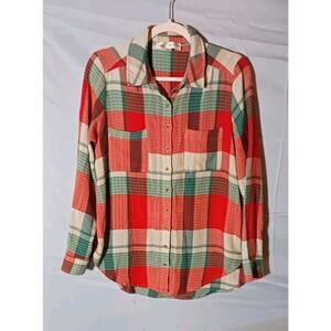 Chelsea & Theodore Womens Coral Blue White Plaid Button Down Long Sleeve Shirt M